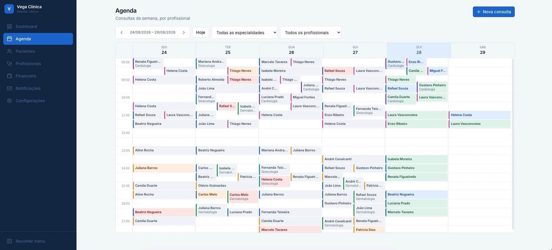 Agenda semanal do sistema conceitual Vega Clínica: consultas de segunda a sábado, das 8h às 17h, cada uma com o nome do paciente e a especialidade, distribuídas lado a lado por profissional.