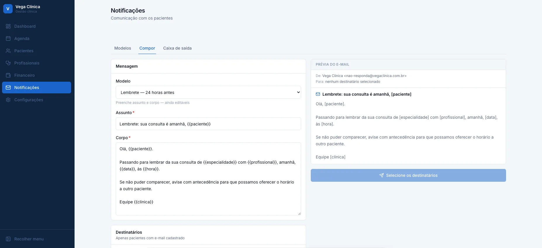 Tela de notificações: modelo de lembrete 24 horas antes, com campos de assunto e corpo usando variáveis de paciente, especialidade, profissional, data e hora, e a prévia da mensagem ao lado.